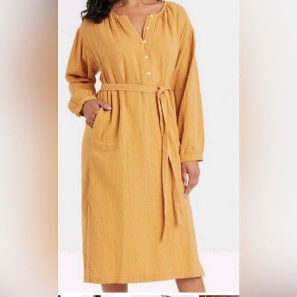 Universal Thread Long sleeve Shirtdress Tie front Pockets Midi Gold NWT … - Picture 4 of 13